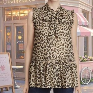 Kate Spade Leopard Print Silk Blend Sparkly Shimmer Ruffle Tie up Blouse